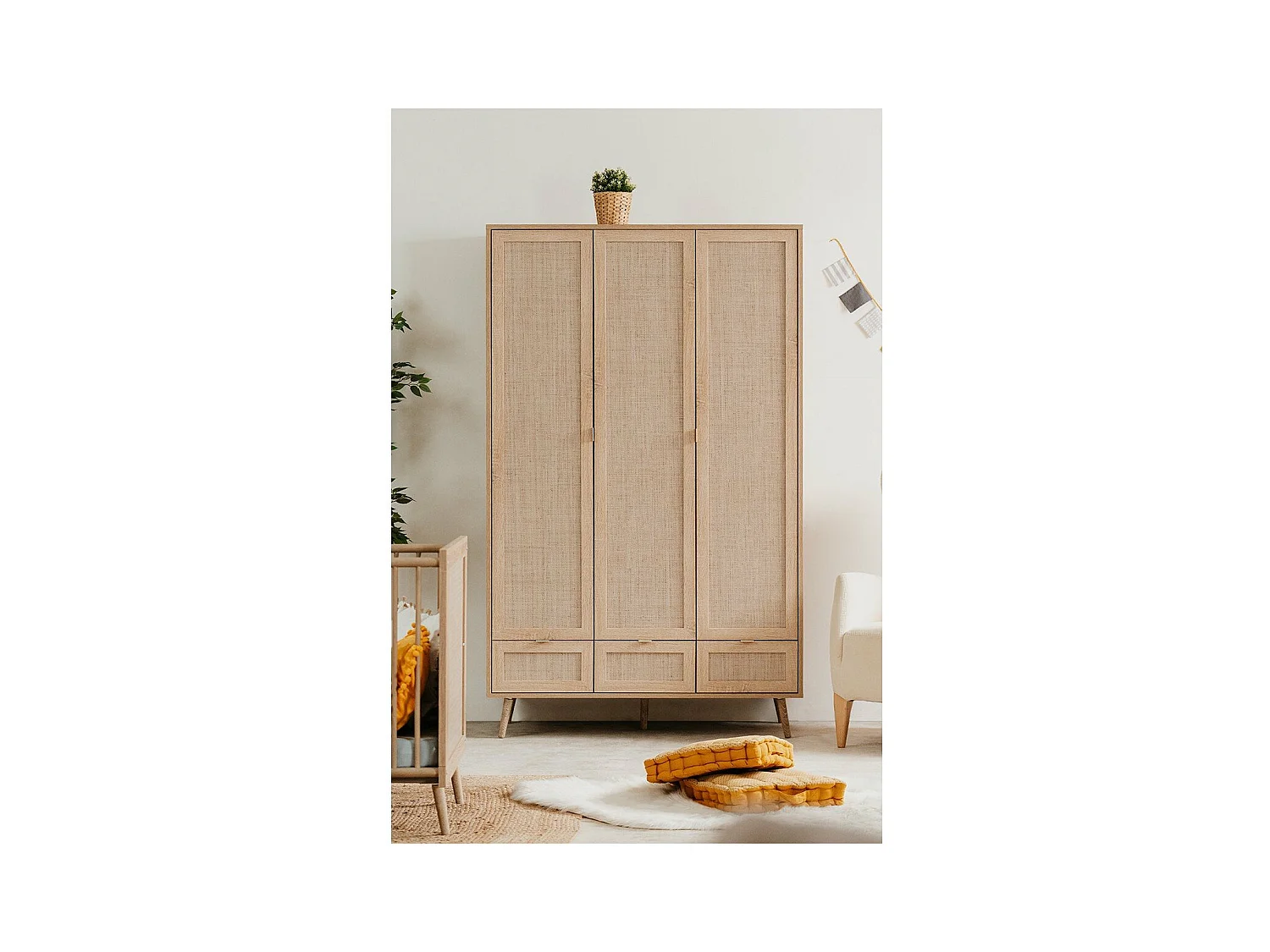 Armario 3 puertas con barras 120 cm - Impresión efecto ratán