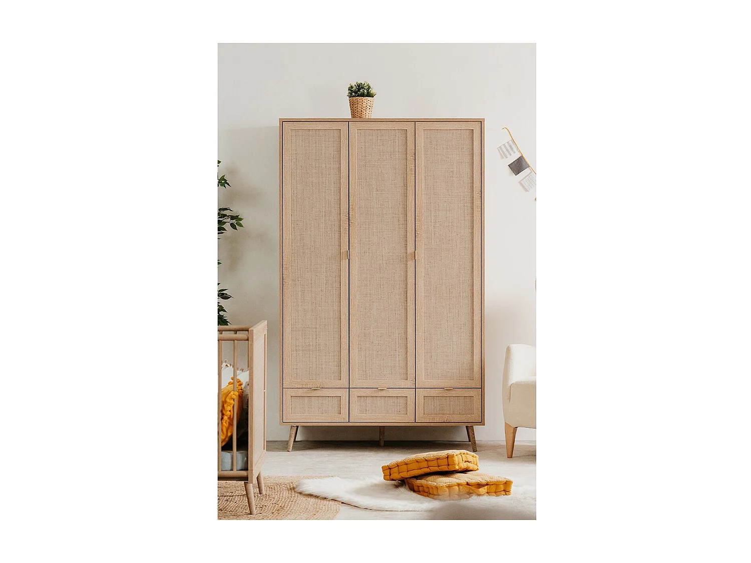 Schrank mit 3 Türen, 3 Schubladen, 2 Kleiderstangen L120cm - Rattan-Druck - Bali