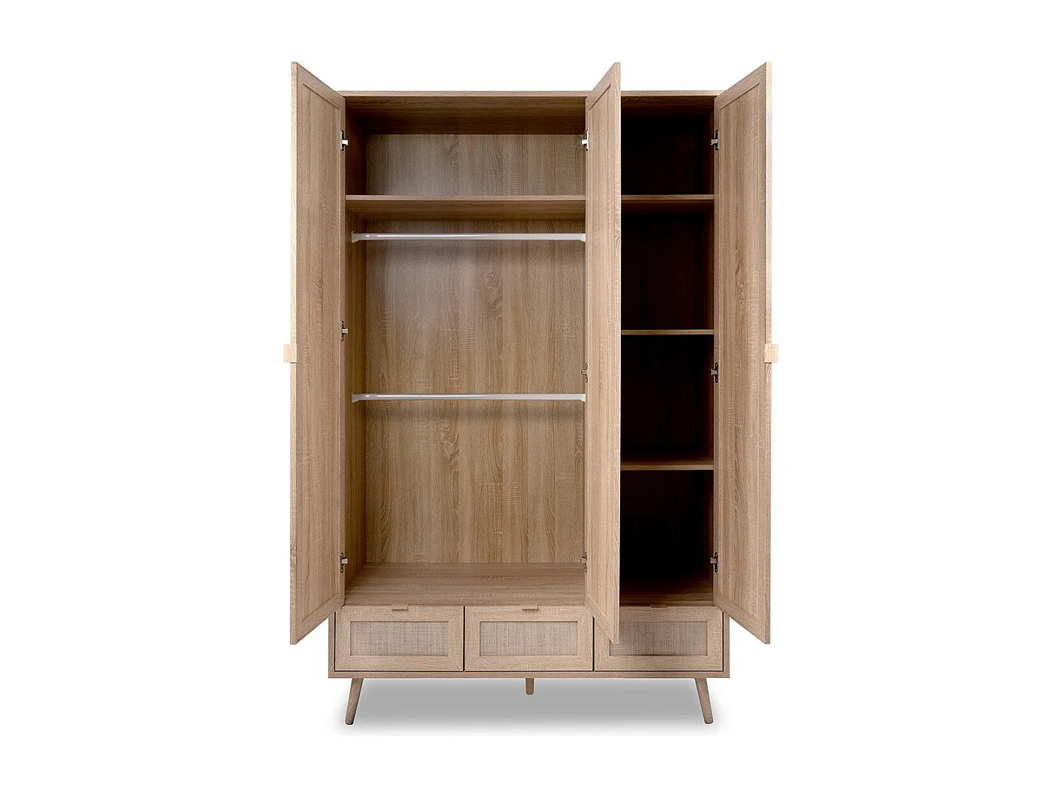Schrank mit 3 Türen, 3 Schubladen, 2 Kleiderstangen L120cm - Rattan-Druck - Bali