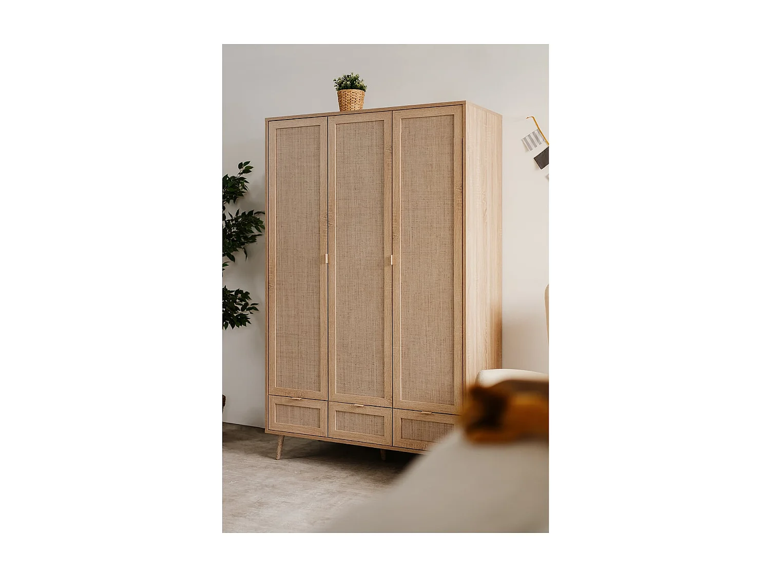 Schrank mit 3 Türen, 3 Schubladen, 2 Kleiderstangen L120cm - Rattan-Druck - Bali