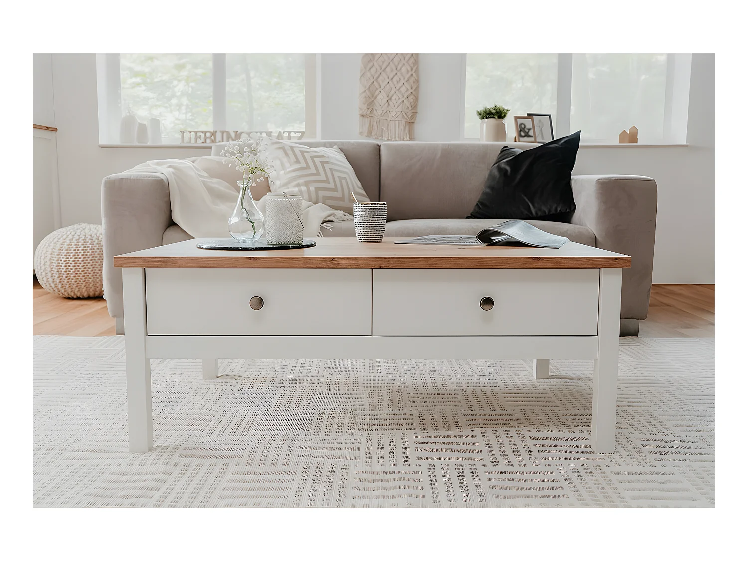 Table Basse 2 tiroirs L100 cm - Décor Blanc - BERGEN