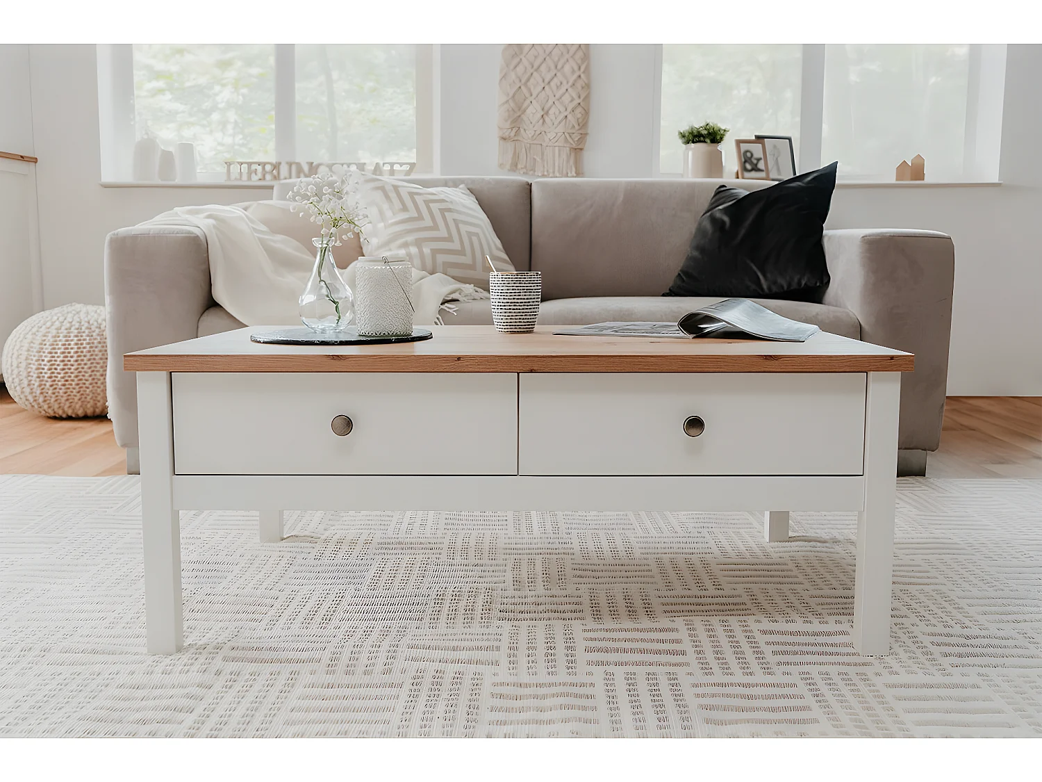 Table Basse 2 tiroirs L100 cm - Décor Blanc - BERGEN