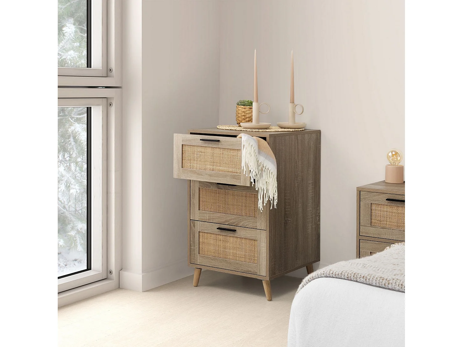 Chiffonnier nuit Dalia 4 tiroirs couleur chêne, 80 cm longueur