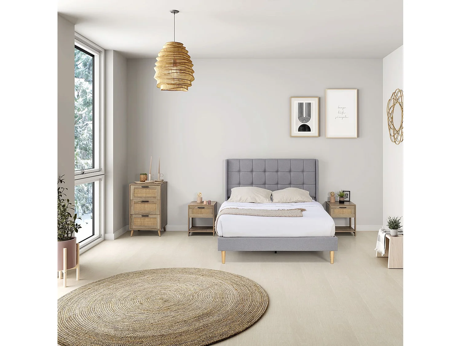 Cadre de lit plateforme Esther capitonné 30 cm, 90x190 cm, Gris clair