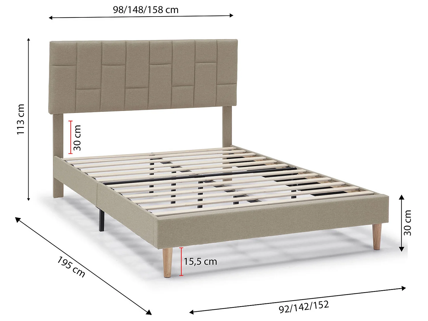 Cadre de lit plateforme Sorni capitonné 30 cm, 150x190 cm, Beige