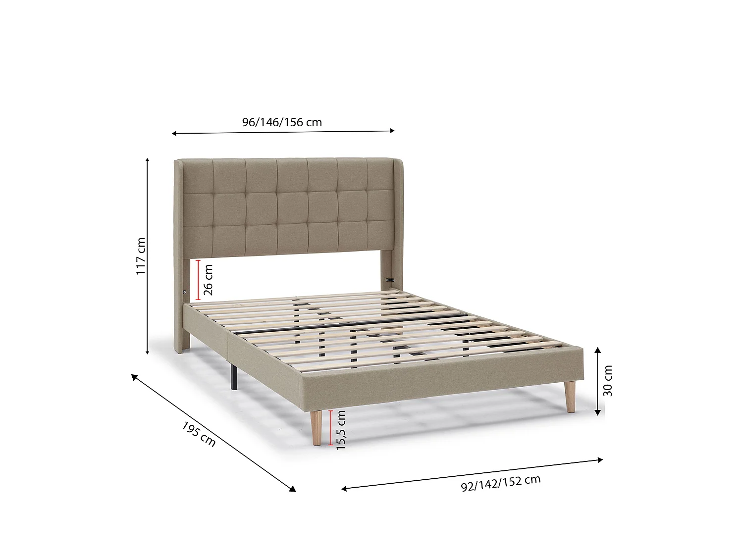 Gestoffeerd bedframe Esther van 30 cm, 150x190 cm, Beige