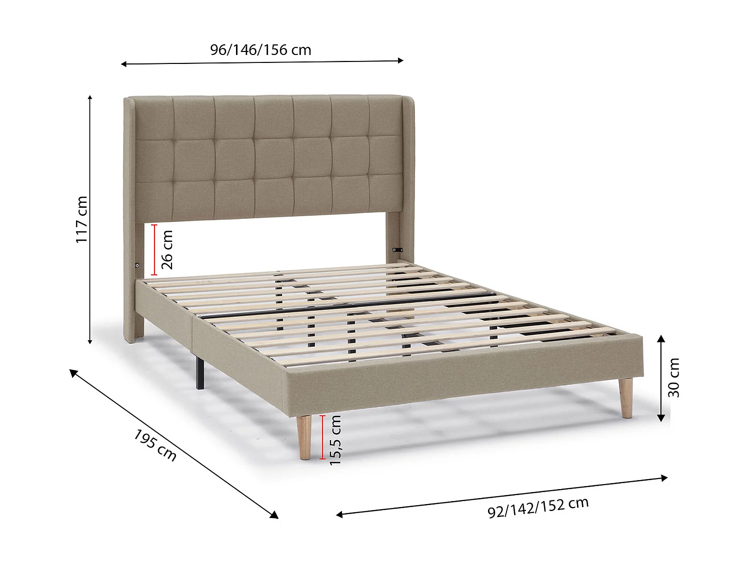 Gestoffeerd bedframe Esther van 30 cm, 90x190 cm, Beige