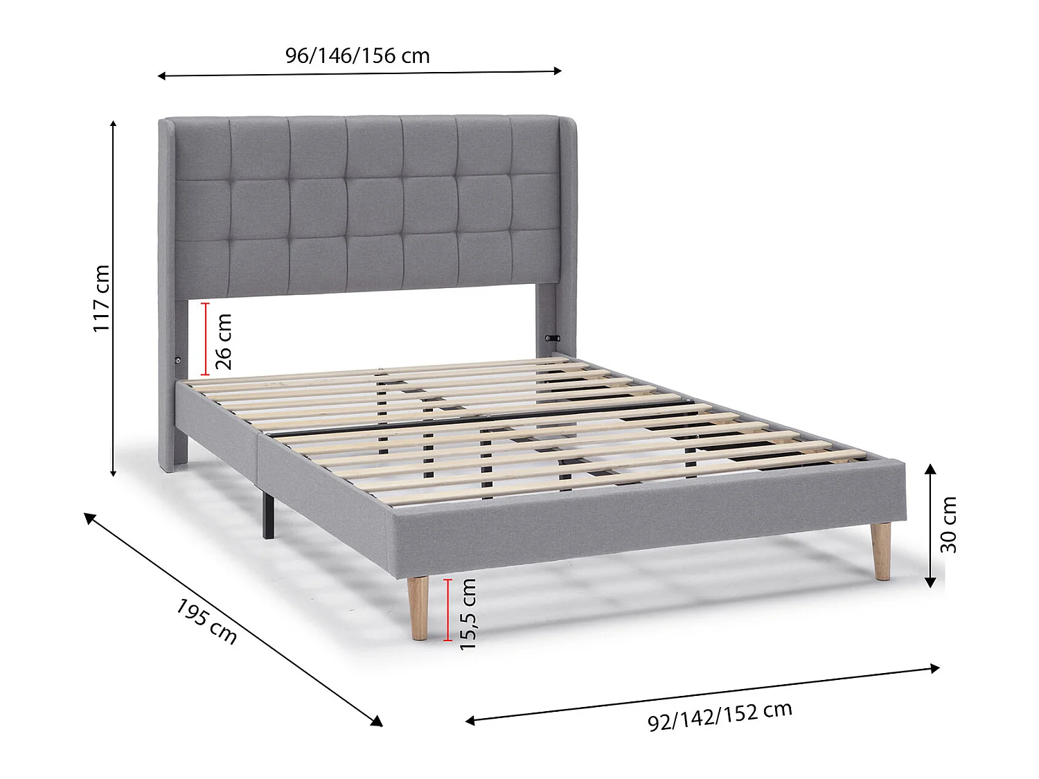 Estrutura de cama estofada Esther de 30 cm, 135/140x190 cm, Cinza claro.