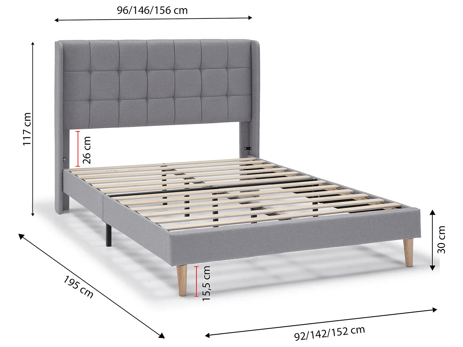 Cadre de lit plateforme Esther capitonné 30 cm, 140x190 cm, Gris clair