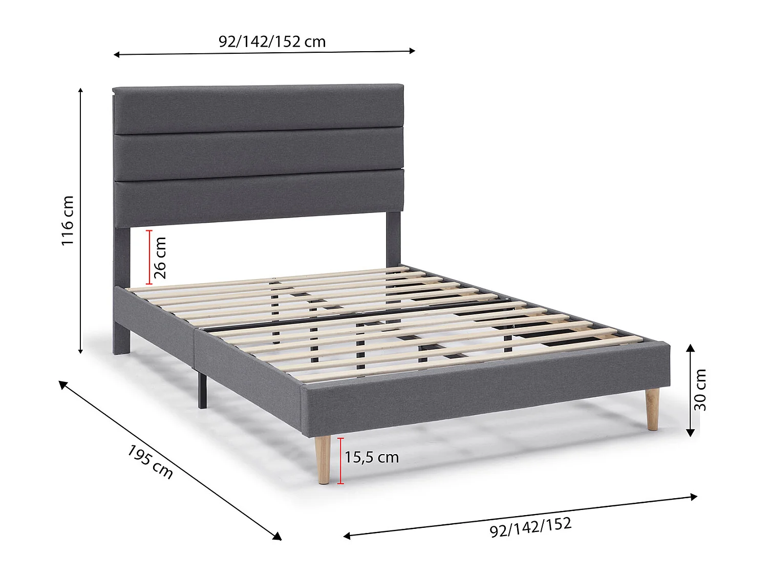 Cadre de lit plateforme Aroma capitonné 30 cm, 150x190 cm, Gris foncé