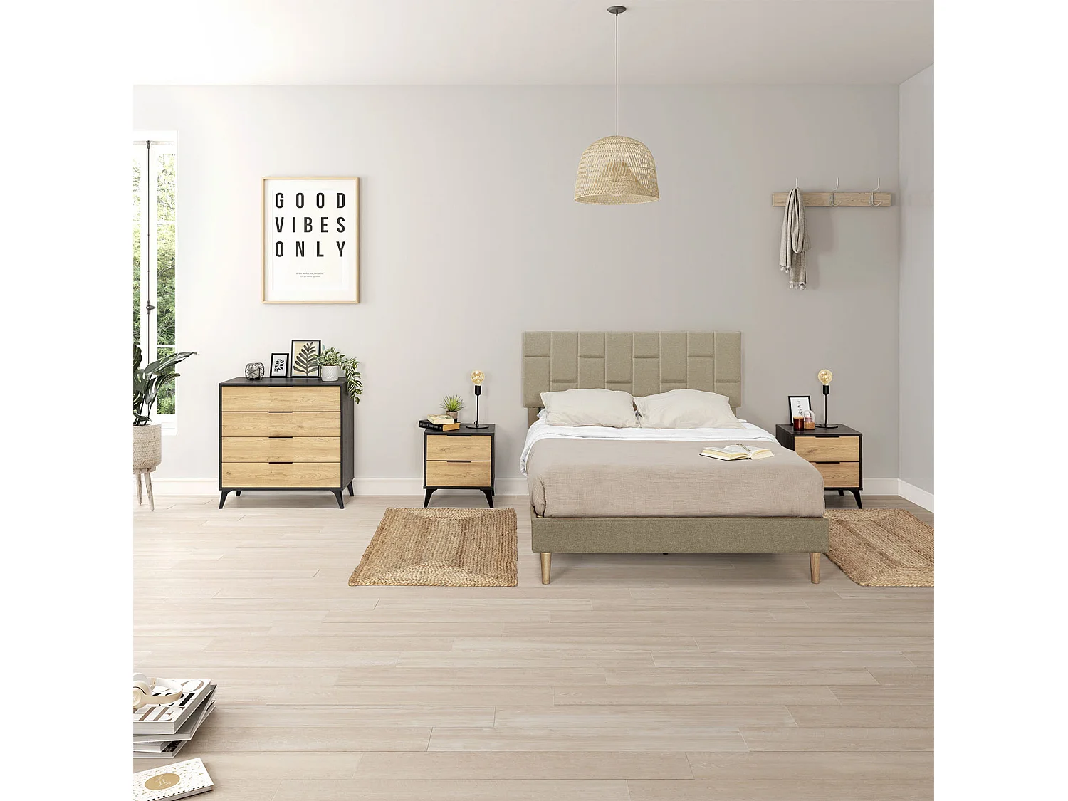 Gestoffeerd bedframe Sorni van 30 cm, 135/140x190 cm, Beige