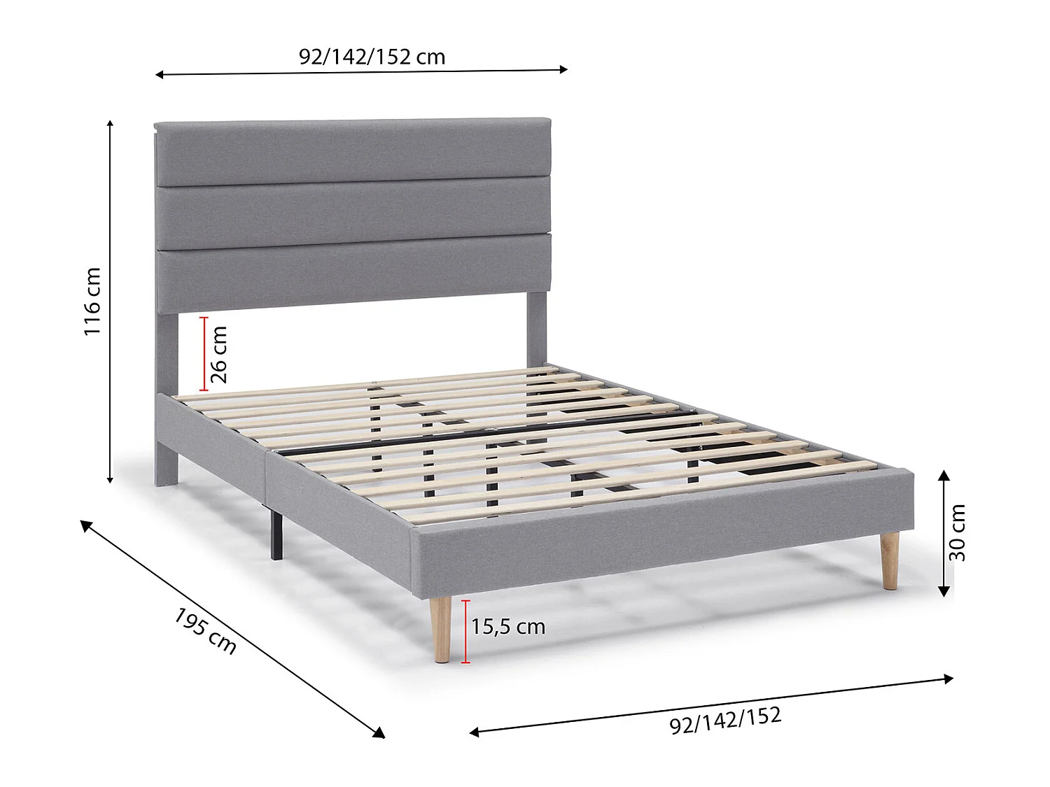 Estructura de Cama tapizada Aroma de 30 cm, 135/140x190 cm, Gris claro