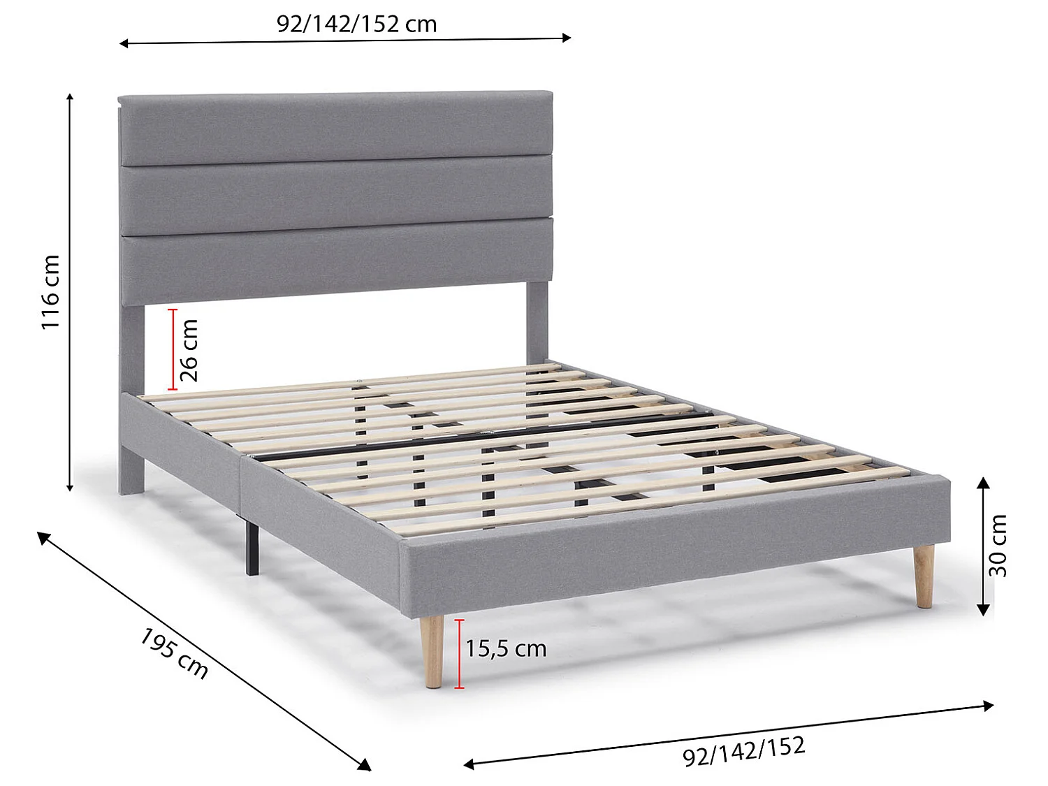 Cadre de lit plateforme Aroma capitonné 30 cm, 140x190 cm, Gris clair
