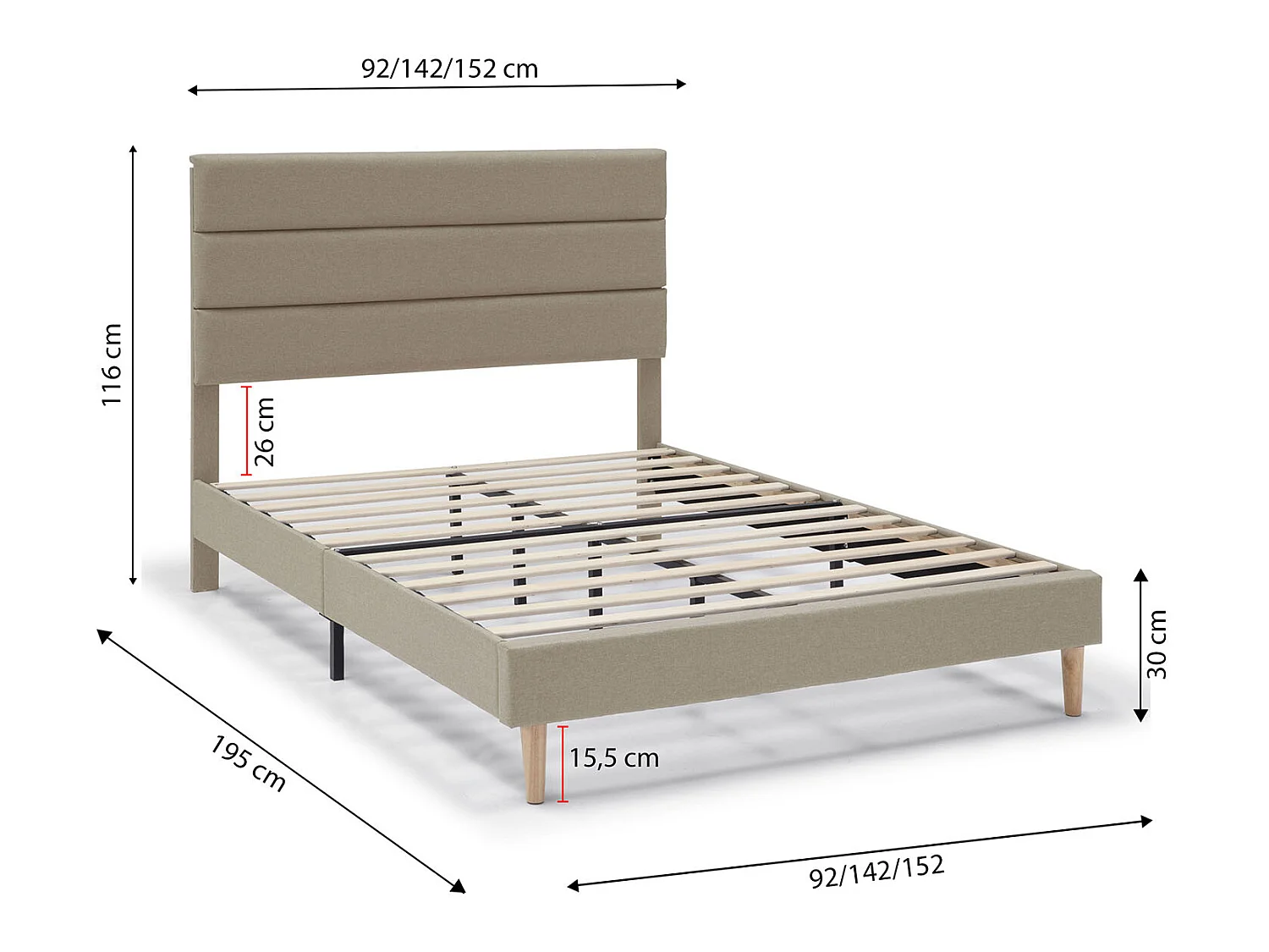 Cadre de lit plateforme Aroma capitonné 30 cm, 140x190 cm, Beige