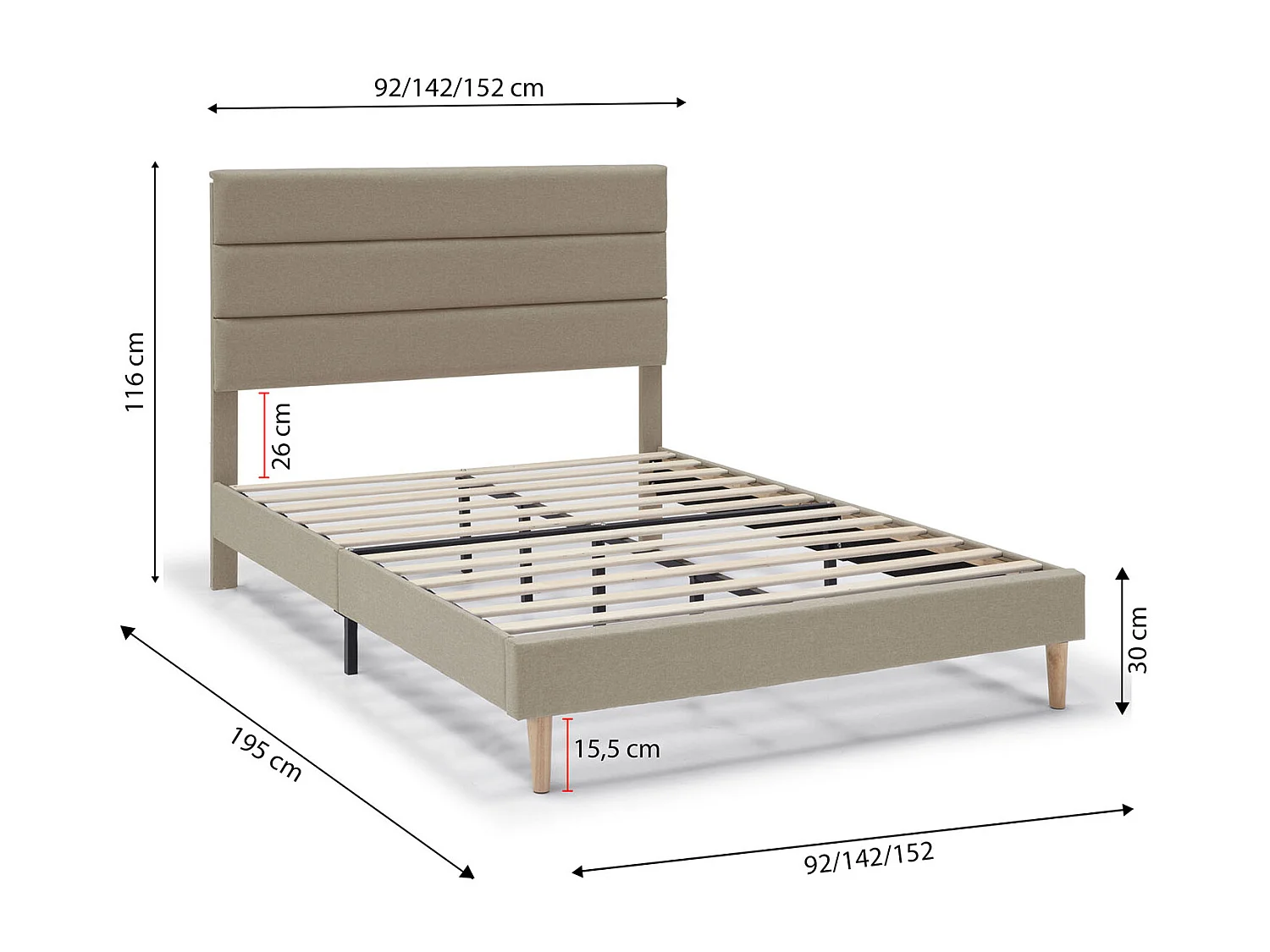 Onderstel van 30 cm hoog, 135/140x190 cm, Beige.