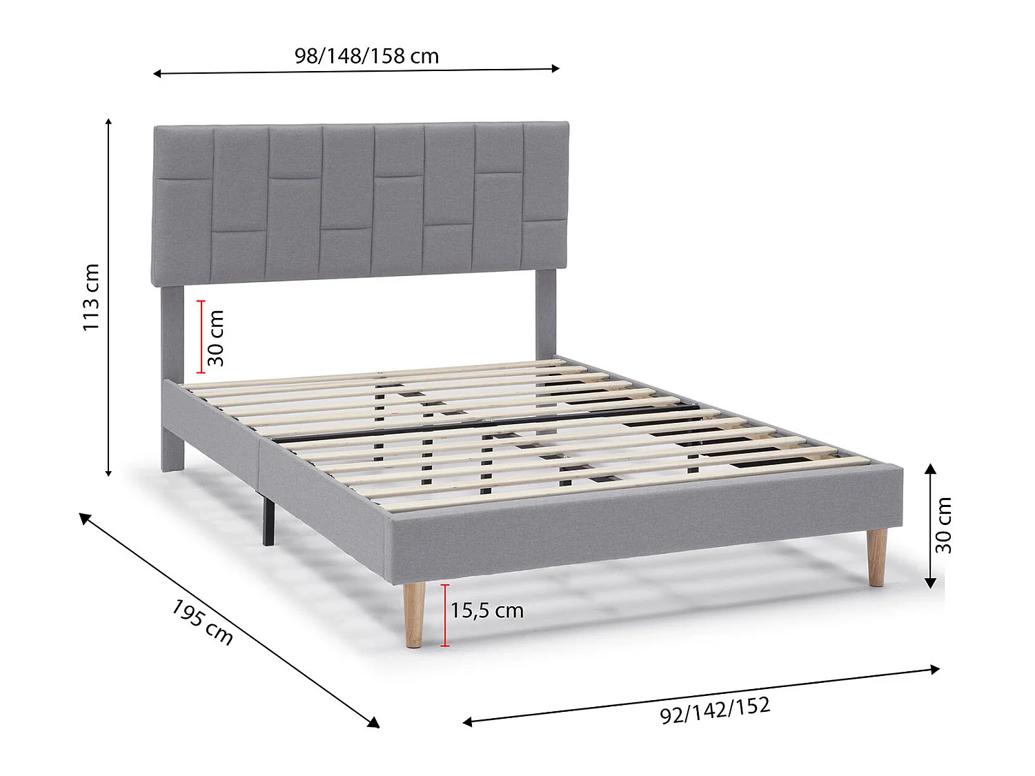 Gestoffeerd bedframe Sorni van 30 cm, 150x190 cm, Lichtgrijs