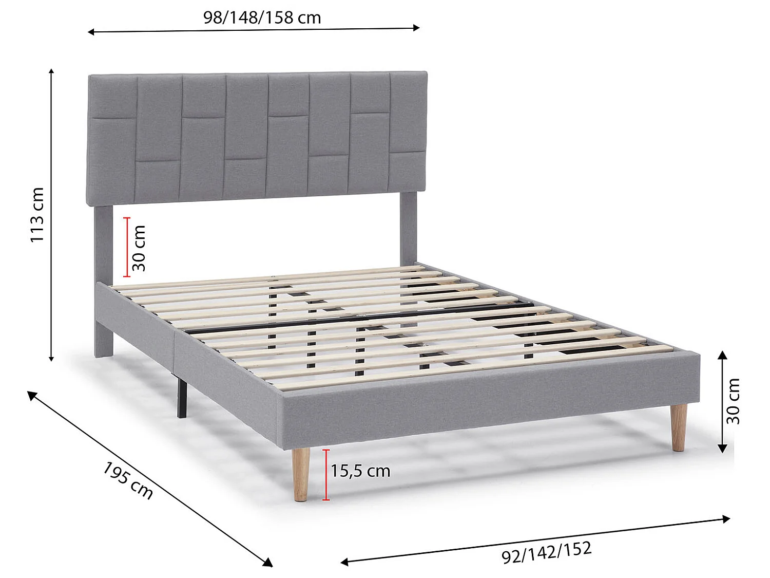 Cadre de lit plateforme Sorni capitonné 30 cm, 150x190 cm, Gris clair