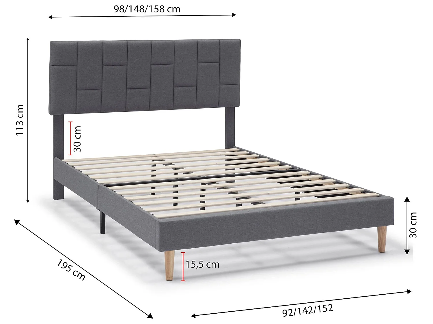 Cadre de lit plateforme Sorni capitonné 30 cm, 90x190 cm, Gris foncé