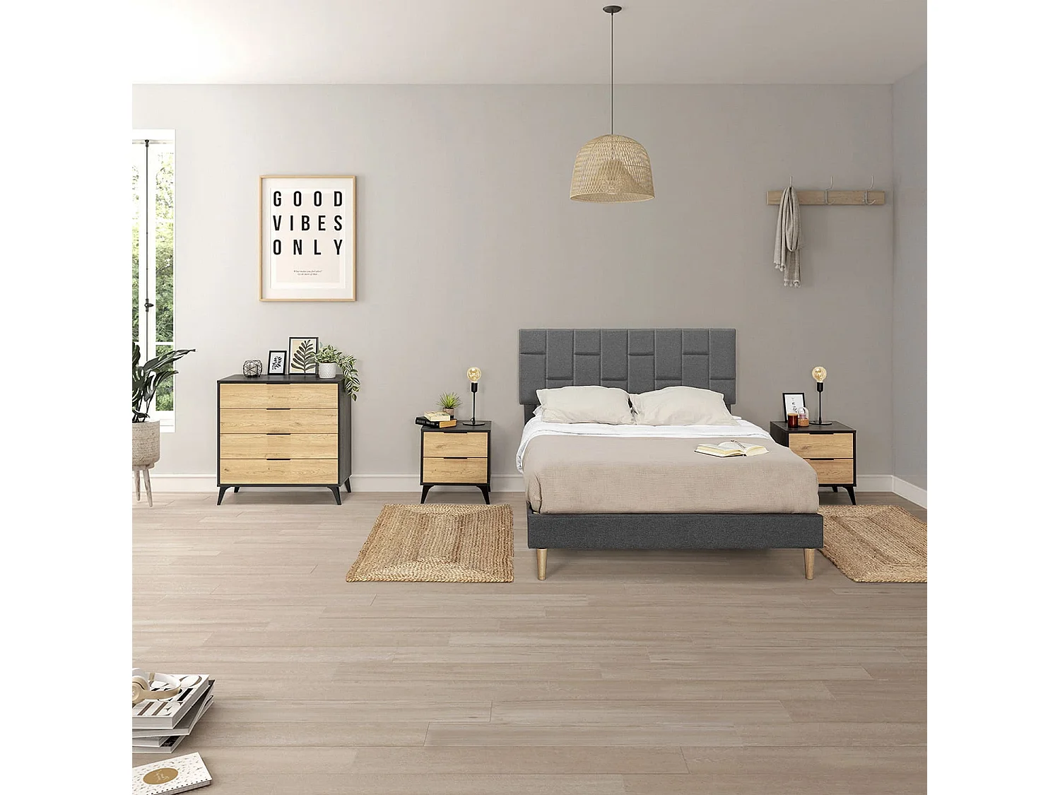 Cadre de lit plateforme Sorni capitonné 30 cm, 90x190 cm, Gris foncé