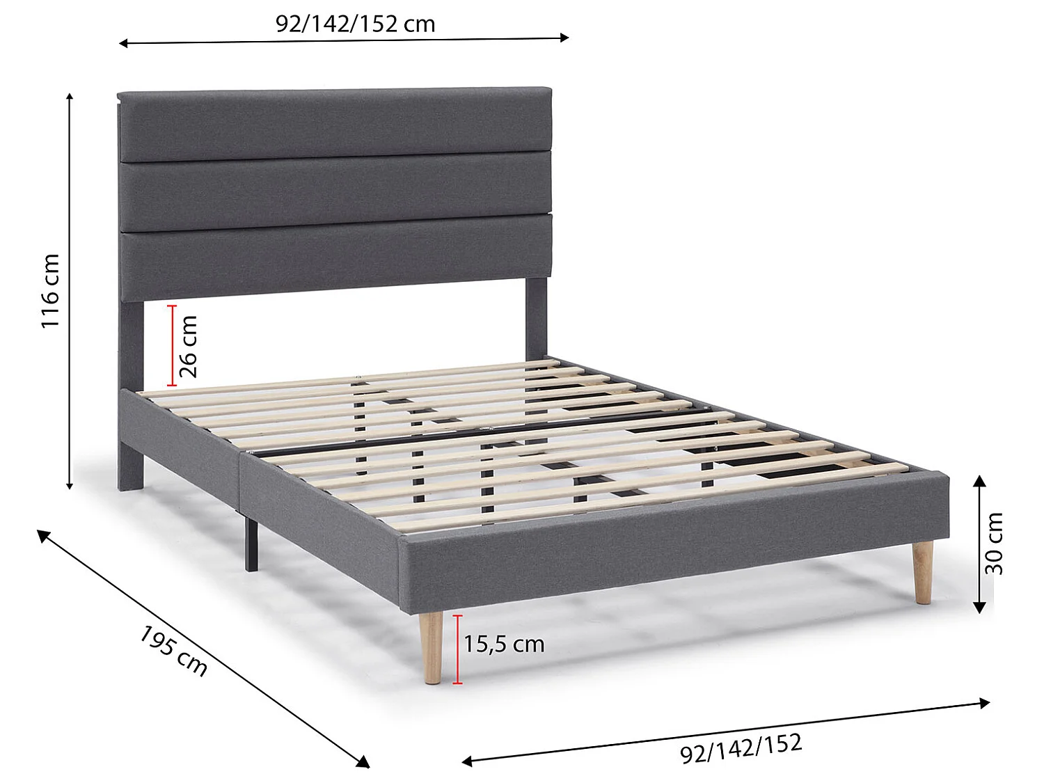 Gestoffeerd Bedframe Aroma van 30 cm, 135/140x190 cm, Donkergrijs