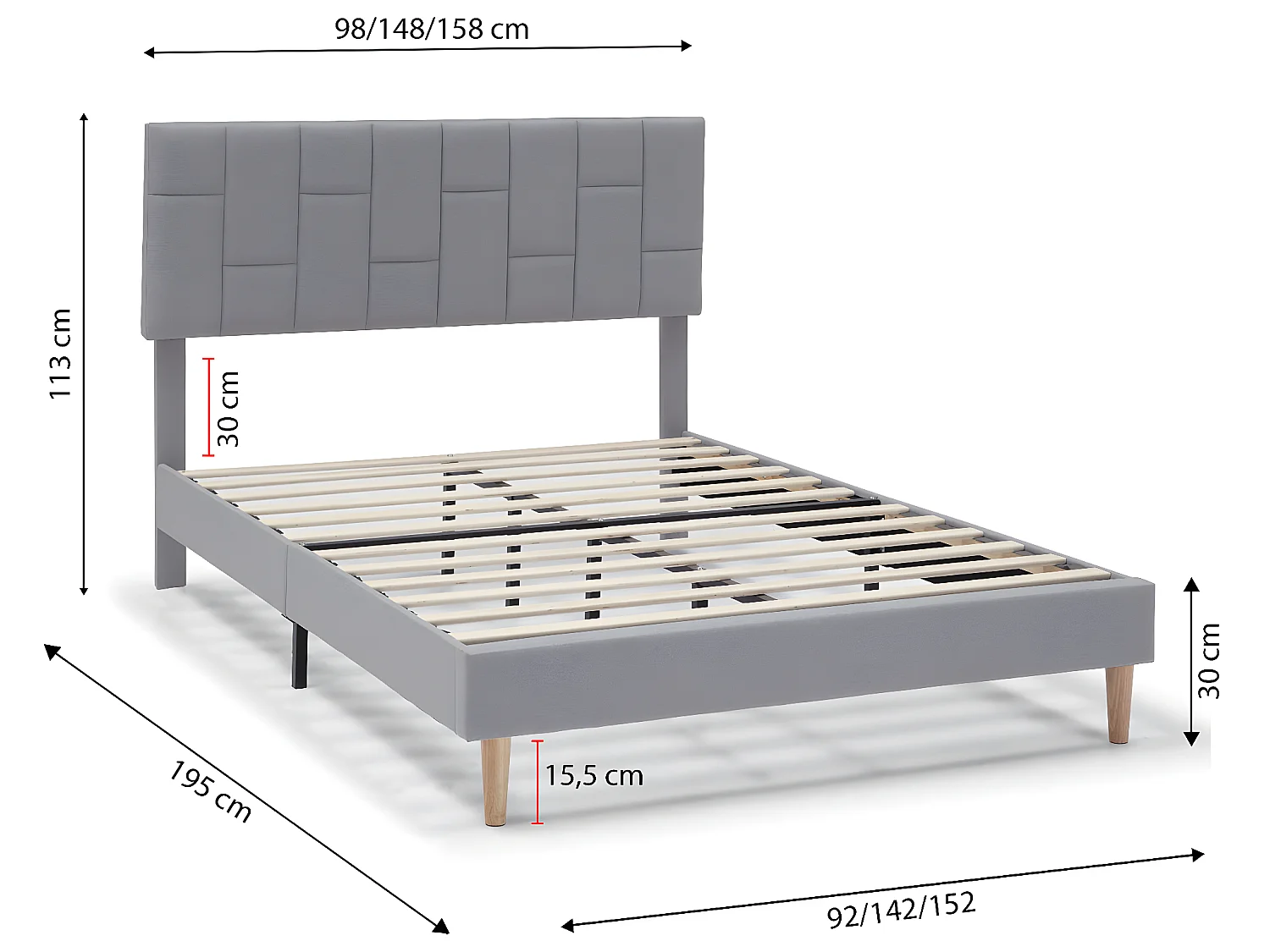 Cadre de lit plateforme Sorni capitonné 30 cm, 90x190 cm, Gris clair