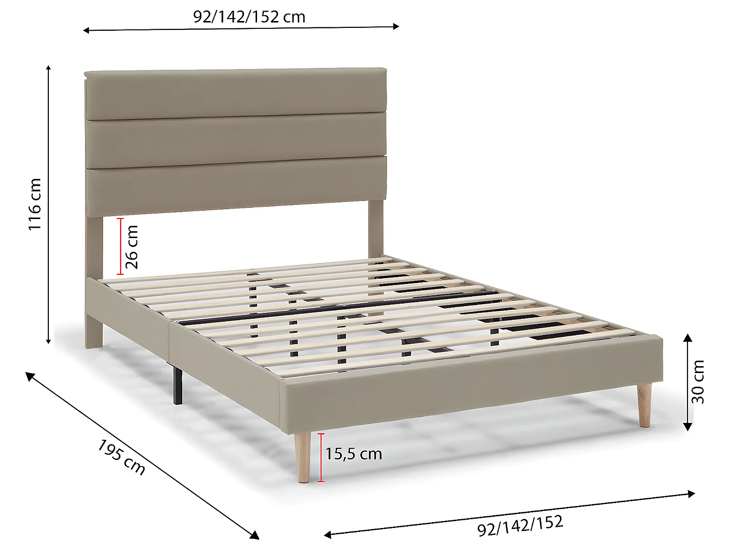 Cadre de lit plateforme Aroma capitonné 30 cm, 90x190 cm, Beige
