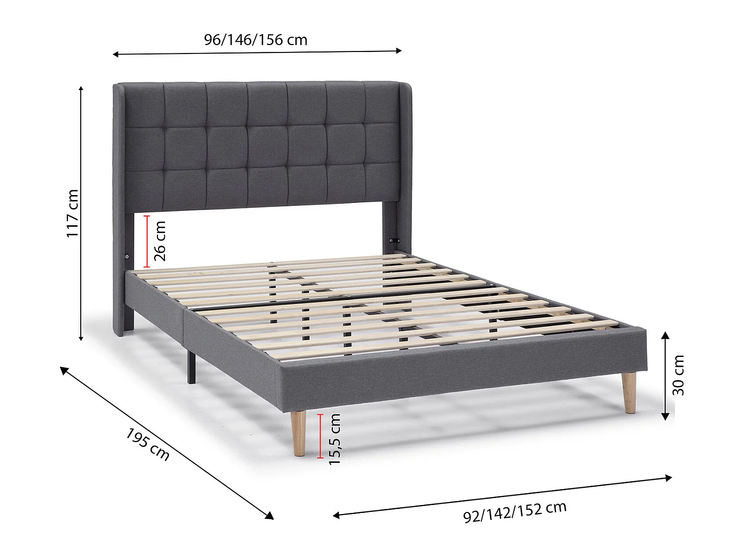 Estructura de Cama tapizada Esther de 30 cm, 90x190 cm, Gris oscuro