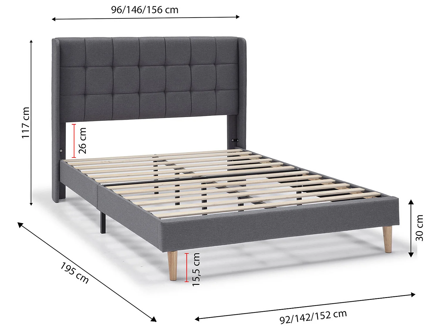 Cadre de lit plateforme Esther capitonné 30 cm, 90x190 cm, Gris foncé