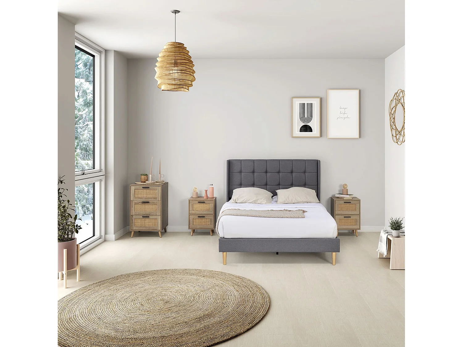 Cadre de lit plateforme Esther capitonné 30 cm, 150x190 cm, Gris foncé