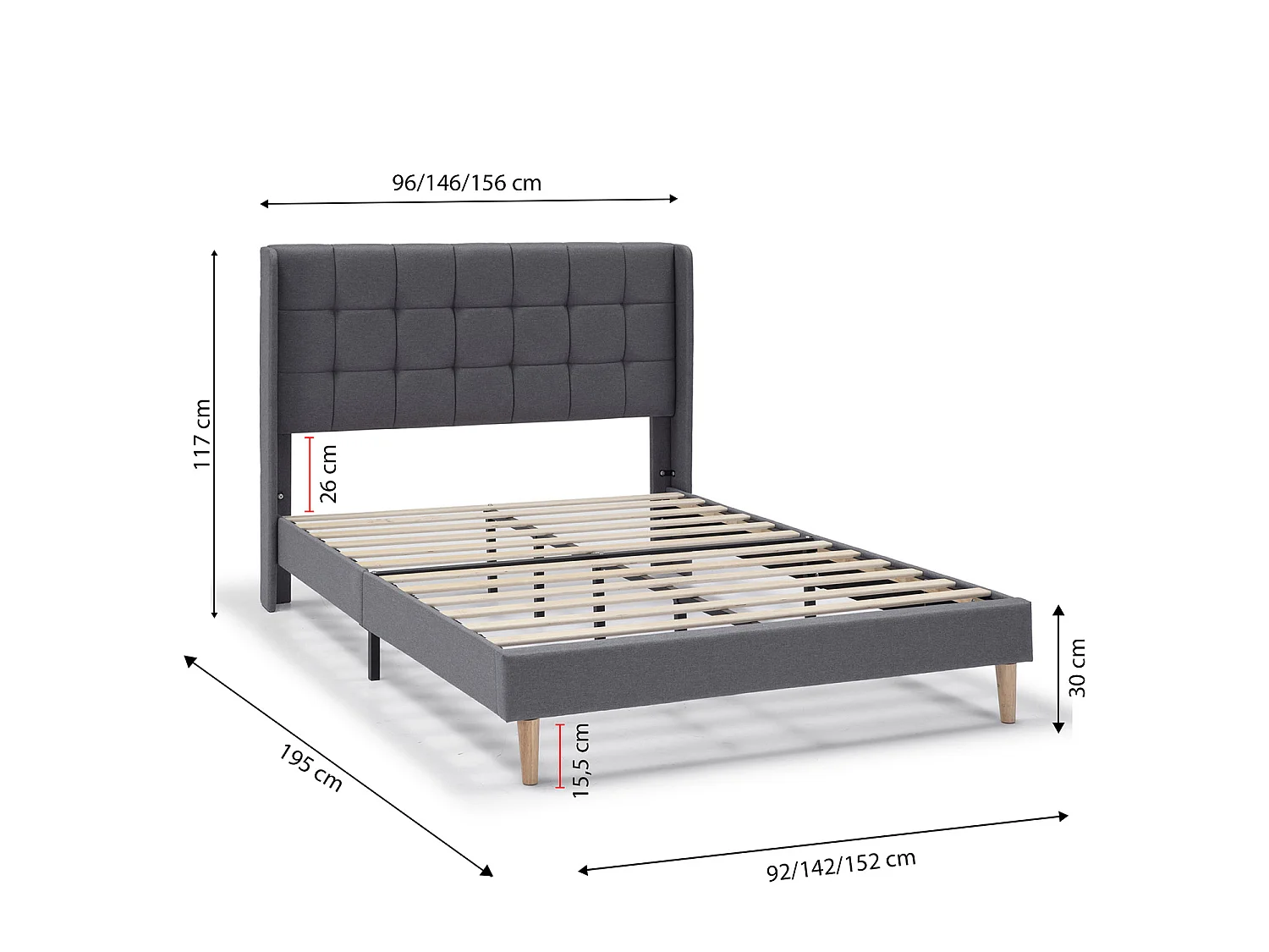 Cadre de lit plateforme Esther capitonné 30 cm, 150x190 cm, Gris foncé