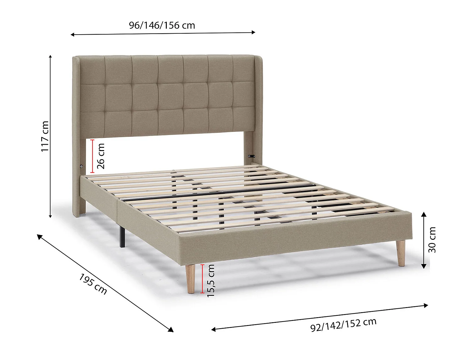 Cadre de lit plateforme Esther capitonné 30 cm, 140x190 cm, Beige