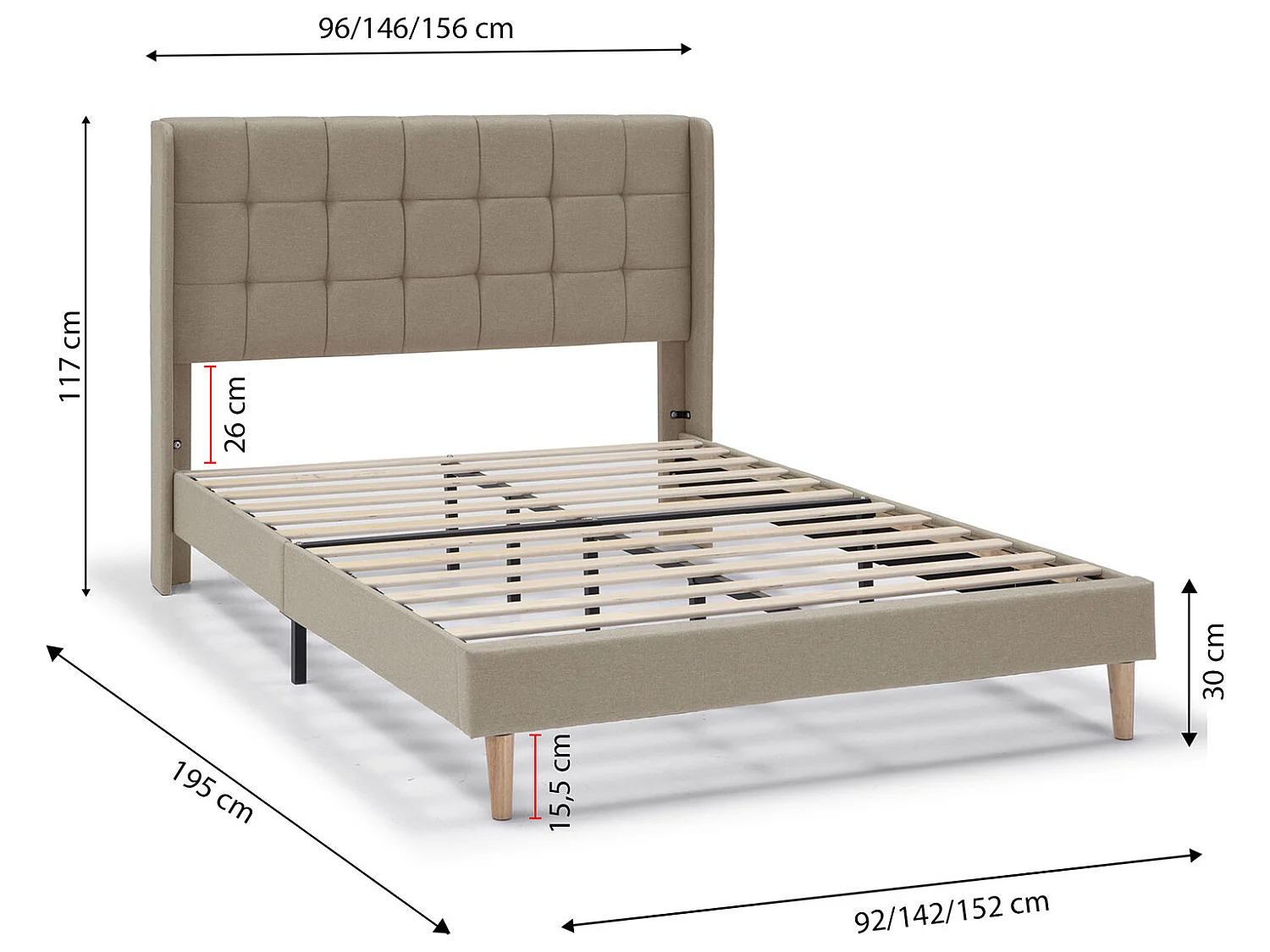 Cadre de lit plateforme Esther capitonné 30 cm, 140x190 cm, Beige