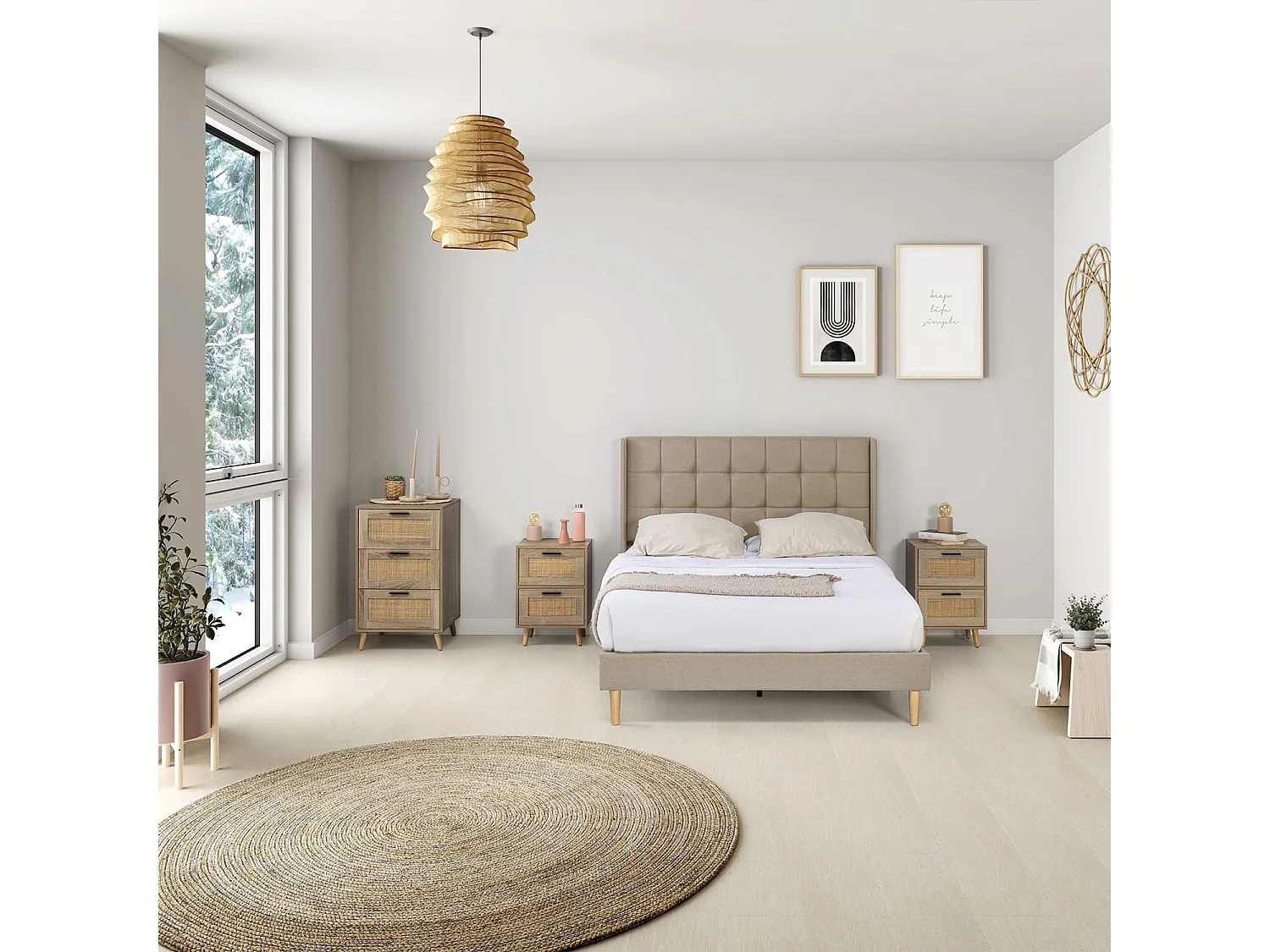 Cadre de lit plateforme Esther capitonné 30 cm, 140x190 cm, Beige