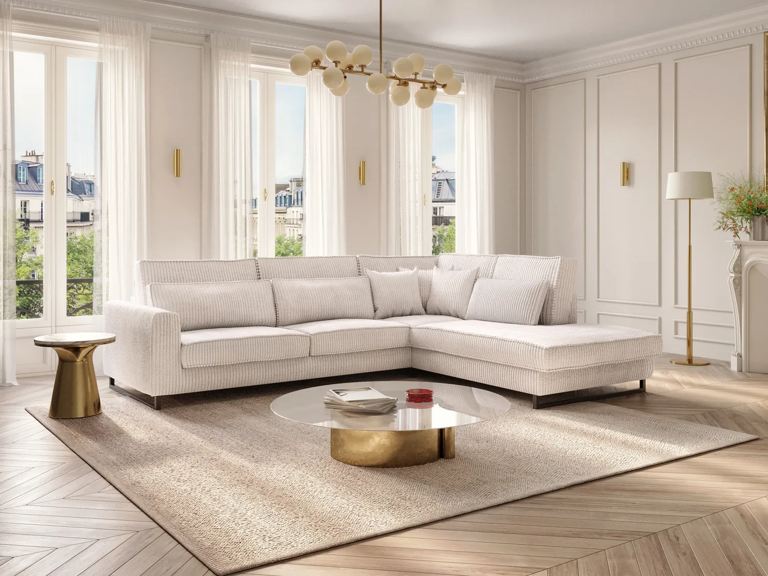Grand canapé d'angle droit en velours côtelé beige TESSIO de Maison Céphy