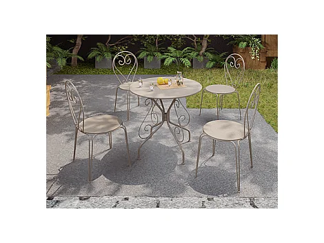 Garten-Essgruppe: Tisch + 4 stapelbare Stühle - Metall in Eisenoptik - Beige - GUERMANTES von MYLIA