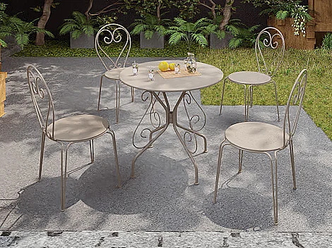 Garten-Essgruppe: Tisch + 4 stapelbare Stühle - Metall in Eisenoptik - Beige - GUERMANTES von MYLIA