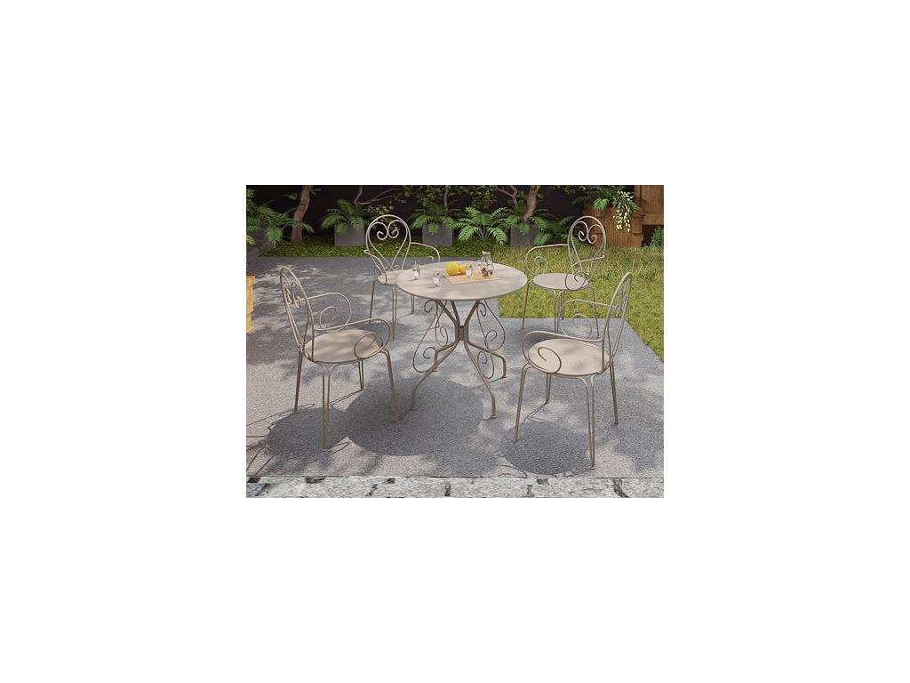 Salle à manger de jardin en métal façon fer forgé : une table et 4 fauteuils empilables - Beige - GUERMANTES de MYLIA