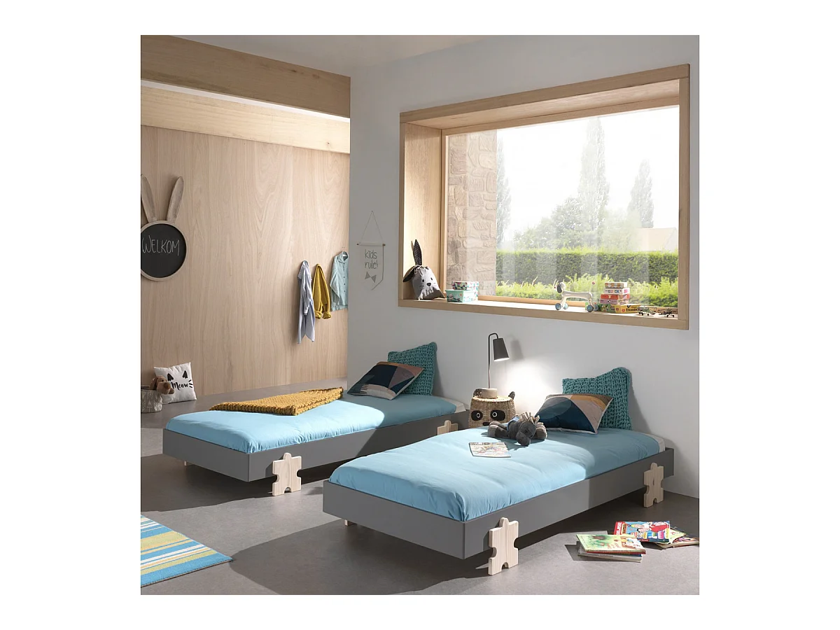 STAPEL - Lot de 2 Lits Empilables 90x200cm Gris Puzzle