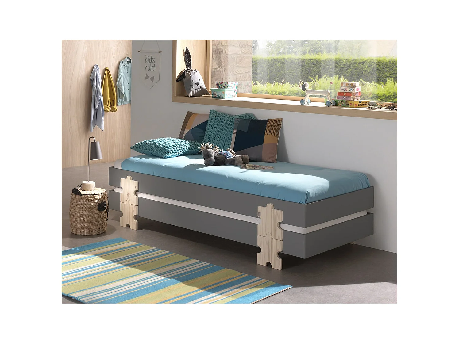 STAPEL - Lot de 2 Lits Empilables 90x200cm Gris Puzzle