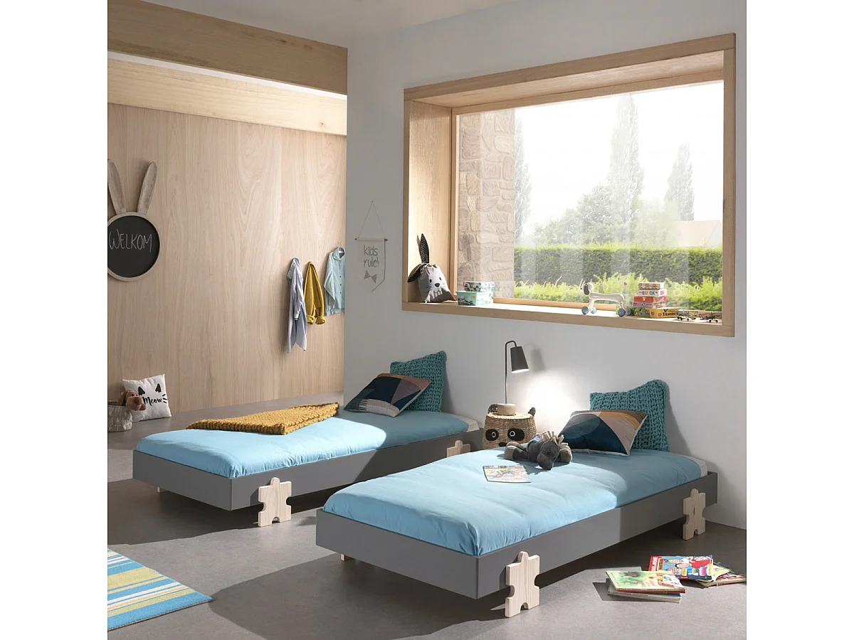 STAPEL - Lot de 2 Lits Empilables 90x200cm Gris Puzzle