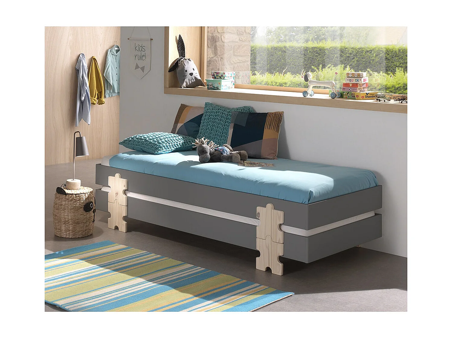 STAPEL - Lot de 2 Lits Empilables 90x200cm Gris Puzzle