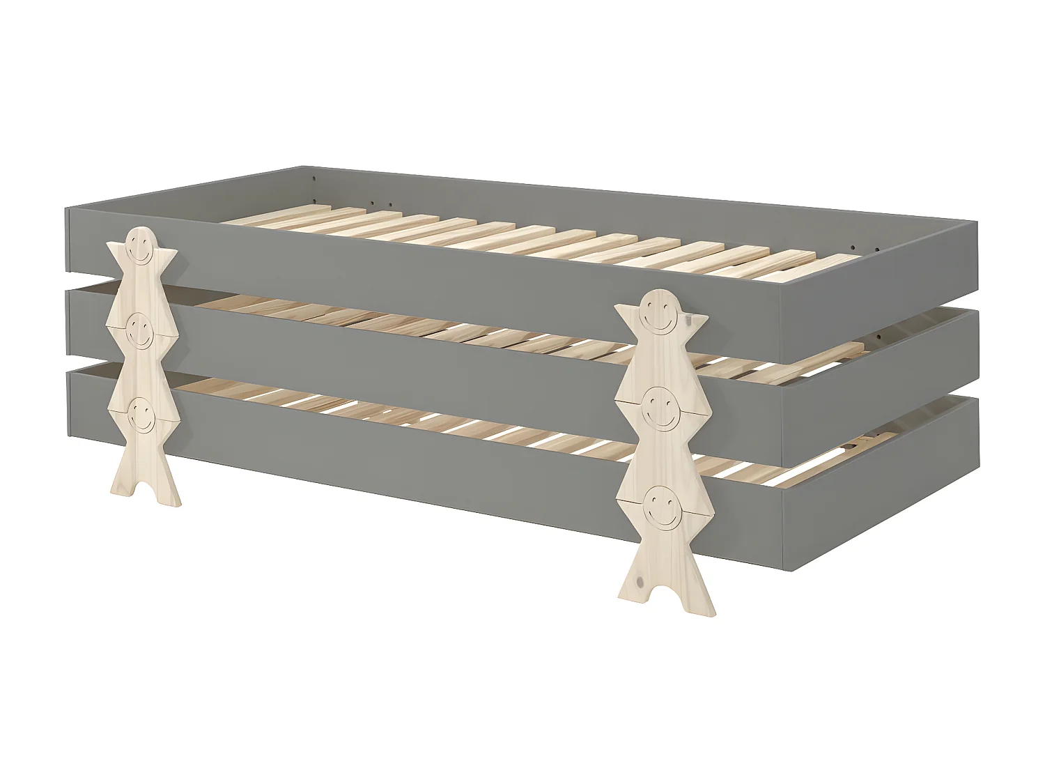 STAPEL - Lot de 3 Lits Empilables 90x200cm Gris Smiley