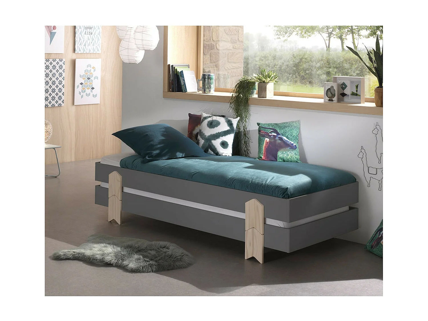 STAPEL - Lot de 2 Lits Empilables 90x200cm Gris Flèche