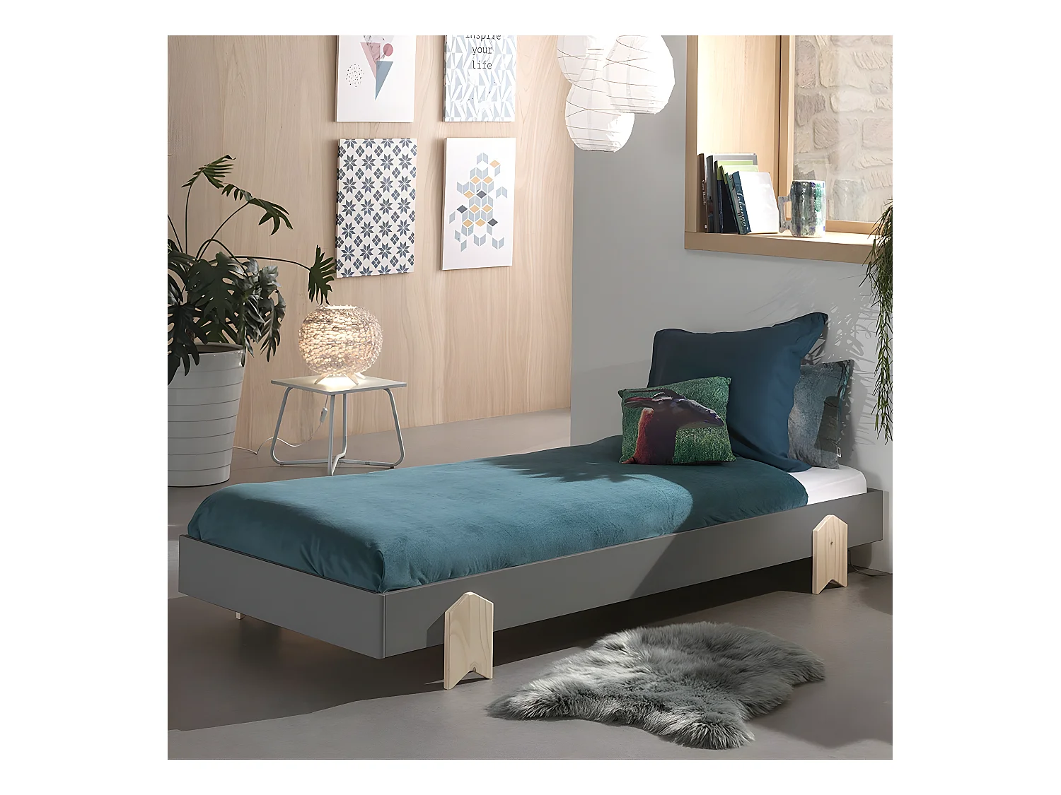 STAPEL - Lit Empilable 90x200cm Gris Pieds Flèche