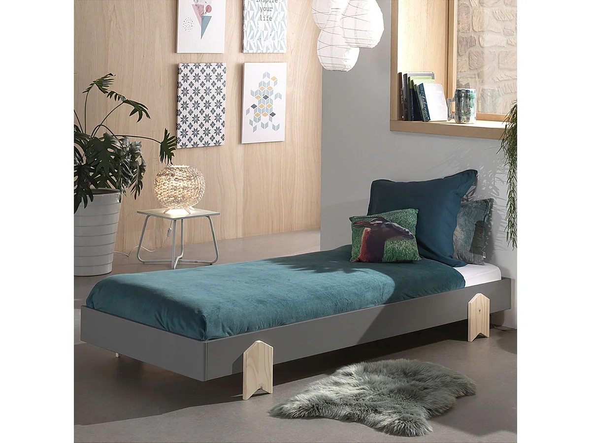 STAPEL - Lit Empilable 90x200cm Gris Pieds Flèche