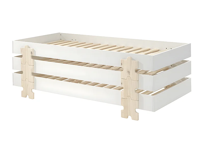 STAPEL - Lot de 3 Lits Empilables 90x200cm Blancs Puzzle