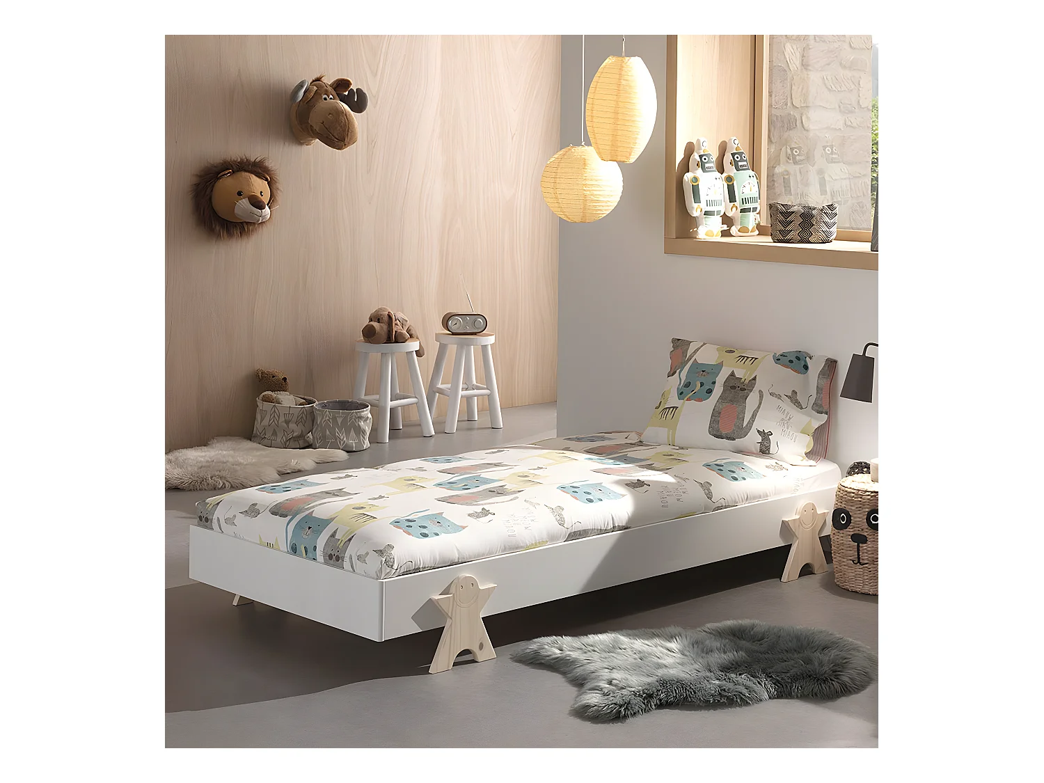 STAPEL - Lit Empilable 90x200cm Blanc Pieds Smiley