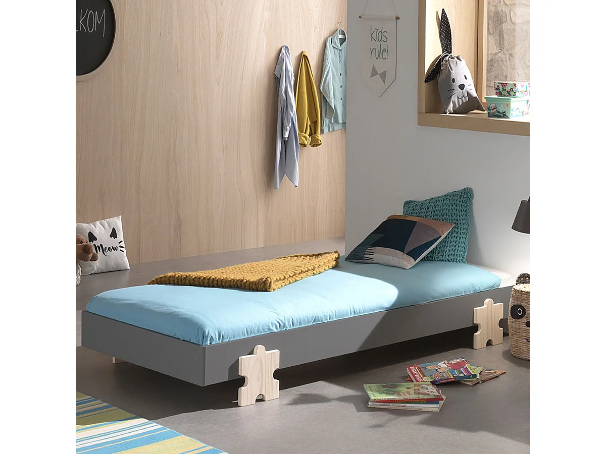 STAPEL - Lit Empilable 90x200cm Gris Pieds Puzzle