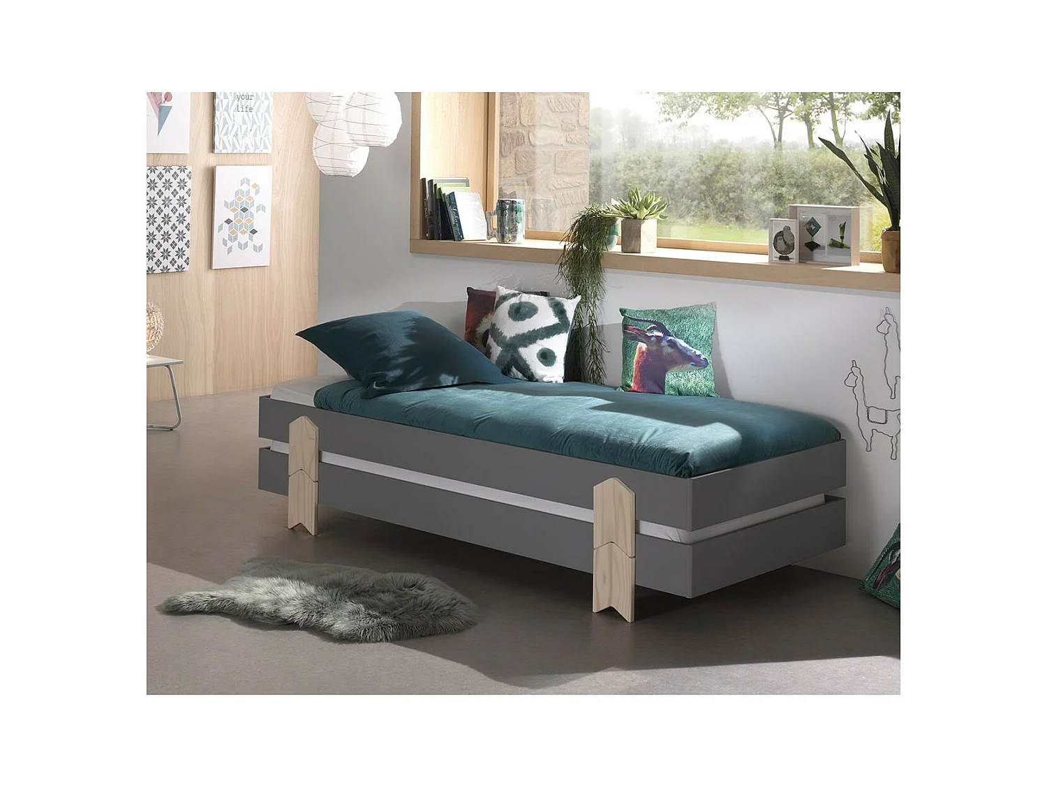 STAPEL - Lot de 4 Lits Empilables 90x200cm Gris Flèche