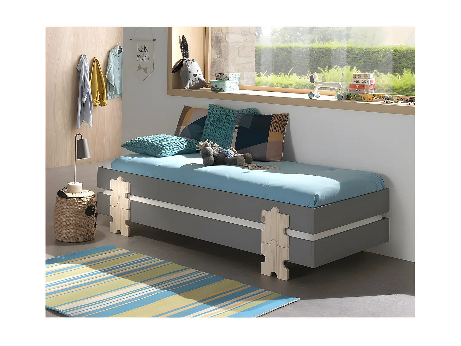 STAPEL - Lot de 3 Lits Empilables 90x200cm Gris Puzzle